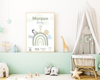 Impresión personalizada con detalles de nacimiento de animales / Arte mural con nombre de bebé / Recuerdo para habitación infantil