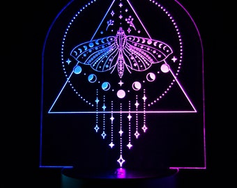 Celestial Moon Phase & Moth Night Light | Laser Engraved Acrylic | Multi-Color LED | Remote-Controlled