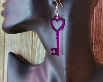Purple Acrylic Heart Key Dangle Earrings, Handmade Lightweight Statement Earrings, Perfect Gift for Acrylic Jewelry Lovers