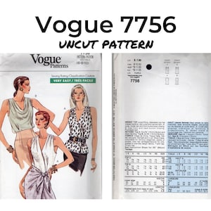 May include: Vogue 7756 uncut sewing pattern. The pattern features illustrations of three different tops. The front of the pattern shows the Vogue logo and the words "Very Easy / Tres Facile". The back of the pattern includes measurements and instructions.