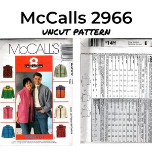 McCalls 2966, Misses Men Teen Boys Unliked Jacket or Vest, Paper Sewing Pattern, Uncut, 2000, Fleece Vest Jacket, Hiking Gear, Unisex