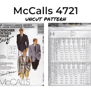 May include: McCalls 4721 Uncut Pattern for a men's jacket. The pattern includes instructions for making a jacket with designer details. The pattern is for size 38.