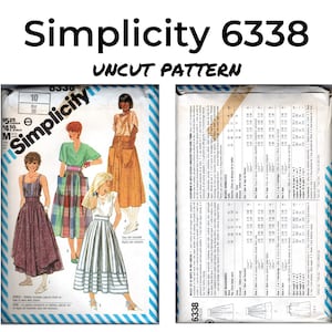 May include: Simplicity 6338 uncut sewing pattern for skirts. The pattern includes instructions and diagrams for making three different skirts. The skirts are shown on models wearing them. The pattern is printed on white paper with blue and white stripes.
