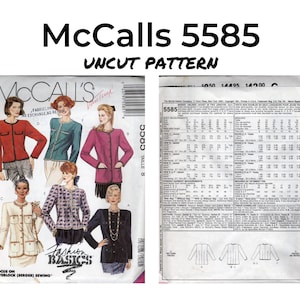 May include: McCalls 5585 Uncut Pattern Fashion Basics sewing pattern featuring a jacket with different variations. The pattern includes size charts and instructions.