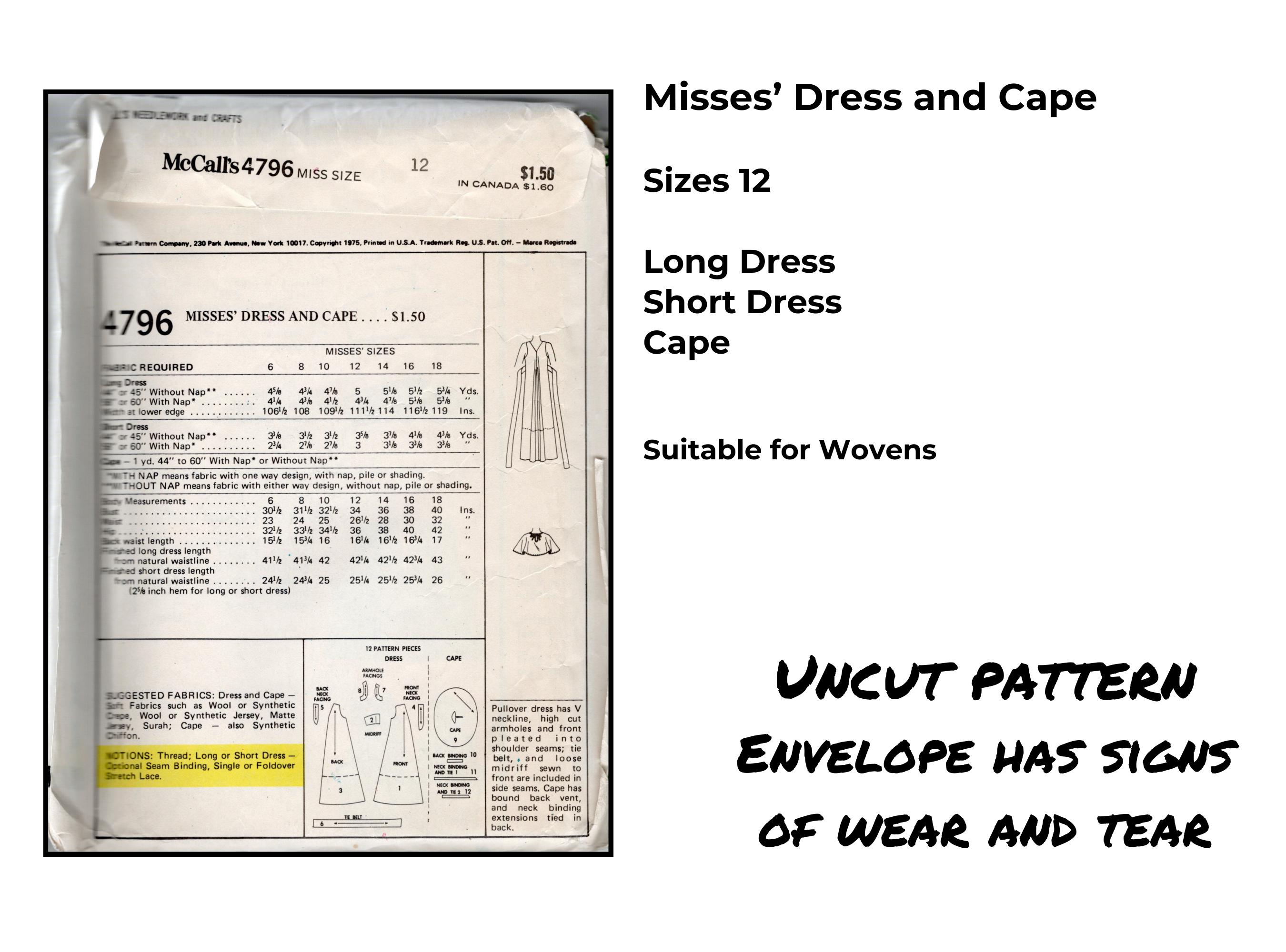 1975 Mccalls 4796 Dress & Cape Sewing Pattern, Size 12, Uncut - Etsy