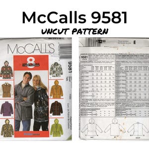 May include: McCalls 9581 Uncut Pattern sewing pattern for a coat. The pattern includes instructions and diagrams for making a coat with different styles. The pattern is for sizes Small, Medium, and Large.