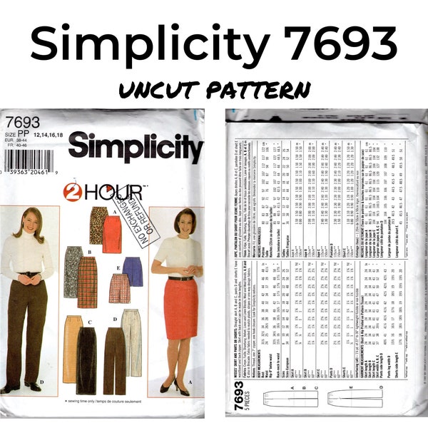 Simplicity 7693 Misses jupe, pantalon, short, tailles 12-18, patron de couture en papier, article original, 1997, bas pour femme, jupe mi-longue, robe courte