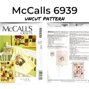 May include: McCalls 6939 Uncut Pattern Crafts Sewing Pattern for a baby quilt, blanket, and wall decor. The pattern includes instructions for making a monkey-themed quilt, a blanket, and a wall hanging. The pattern is for sizes OSZ. The pattern is £1.89.