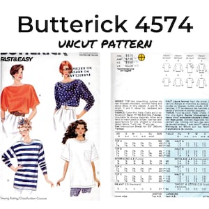 Butterick 4574 Top largo da donna, modello di cucito su carta, non tagliato, taglie XS - XL, 1990, manica corta, maniche lunghe, tasche