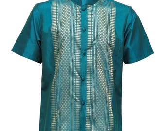 Mens Thai Silk Shirt, Mandarin Collar Lao Khmer Style, Short Sleeve Formal Wedding Shirt