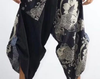 Japanese Samurai Harem Pants, Unisex Yoga Pants, Boho Wrap Trousers, Festival Clothing