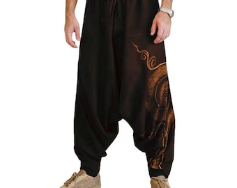 Cotton Harem Pants for Men, Boho Baggy Yoga Pants, Loose Fit Low Crotch Hippie Trousers