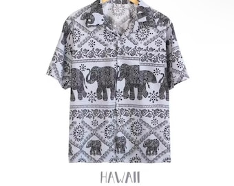 Thai Elephant Shirt, Unisex Boho Button Down, Lightweight Rayon Hawaiian Shirt, Tropical Vacation Outfit