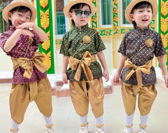 Set Shirt Sarong Skirt Boy traditional Thai Lao Khmer Outfit Lanna Style Children Kid Shoulder Sashes Native Thailand  ( Not accessories )