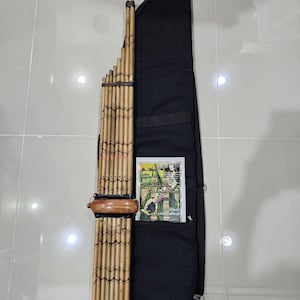 Puede incluir: Un instrumento tradicional de bambú, el khaen, con múltiples tubos de bambú unidos. Cuenta con una boquilla de madera y se guarda en un estuche de transporte negro. Un folleto es visible en el bolsillo del estuche.