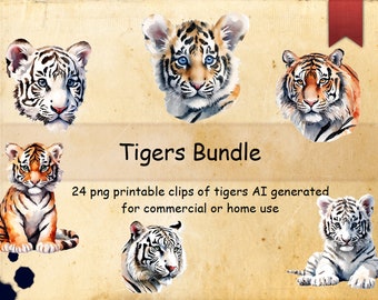 Tiger bundle 24 printable png files of tigers transparent background AI generated home or commercial use clips arts digital downloads