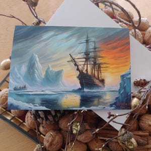 Cartes postales pliées beaux-arts de Noël Bateau à voile dans la glace Cartes de voeux Van Gogh et Gustav Klimt Impression d'art hiver 2025 Cadeau Pays des merveilles