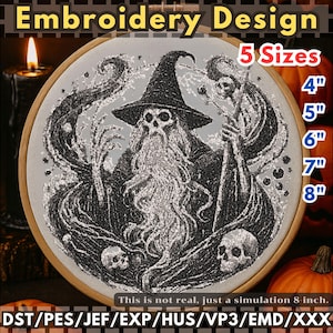May include: An embroidery design featuring a wizard with a long beard, wearing a hat, and holding a staff. The design is in black and silver thread, set in a wooden hoop. Available in 5 sizes: 4", 5", 6", 7", and 8".