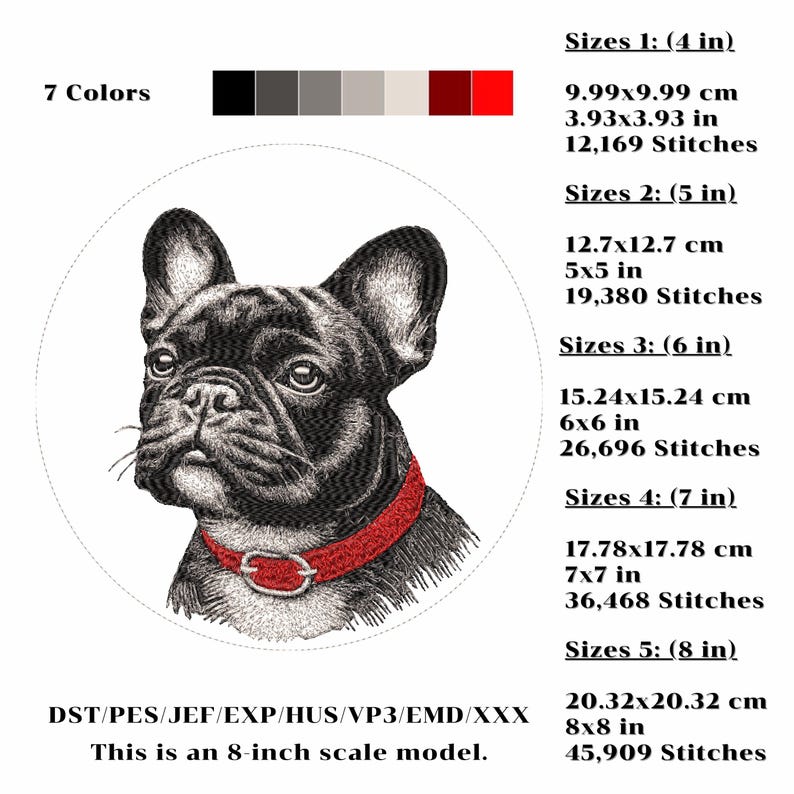Französische Bulldogge Stickdatei, 5 Größen (Digitaler Download) Bild 3