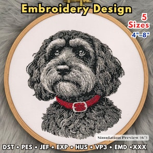 May include: An embroidery design of a black and white dog wearing a red collar, displayed in a wooden hoop. The text reads Embroidery Design, 5 Sizes 4-8, and Simulation Preview 6. File formats include DST, PES, JEF, EXP, HUS, VP3, EMD, and XXX.