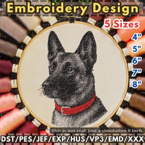 Könnte beinhalten: Ein Stickdesign mit einem schwarzen Hund mit rotem Halsband, dargestellt in einem Holzrahmen. Das Bild enthält den Text "Embroidery Design" und "5 Sizes", mit Größen von 10.16cm bis 20.32cm. Verschiedene Garnrollen umgeben den Rahmen.