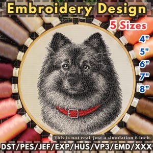 May include: An embroidery design featuring a detailed black and gray dog portrait with a red collar. The design is displayed in a wooden embroidery hoop, with various thread spools surrounding it. Available in 5 sizes, from 4" to 8".