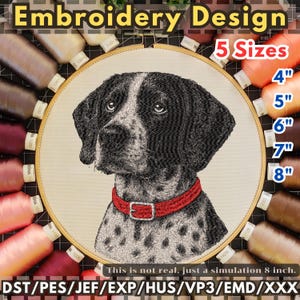 Puede incluir: Un diseño de bordado de un perro blanco y negro con un collar rojo, mostrado en un bastidor de bordado. El diseño está disponible en 5 tamaños, de 10,16 cm a 20,32 cm. El texto "Embroidery Design" está en la parte superior.