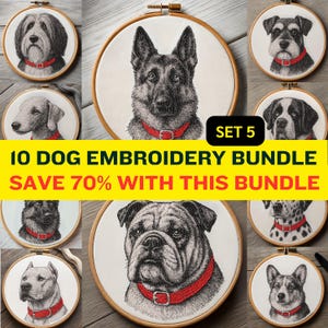 Może przedstawiać: Zestaw dziesięciu tamborków z haftowanymi portretami różnych ras psów, każdy z czerwoną obrożą. Tekst głosi "10 DOG EMBROIDERY BUNDLE" i "SAVE 70% WITH THIS BUNDLE".