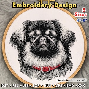 May include: An embroidery design of a black and white dog face with a red collar, centered in a wooden hoop. The text reads Embroidery Design, 5 Sizes 4-8, and Simulation Preview 6. File formats listed include DST, PES, JEF, EXP, HUS, VP3, EMD, XXX.