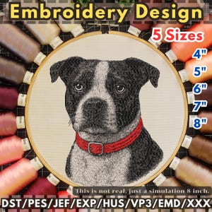 Puede incluir: Un diseño de bordado de un perro blanco y negro con un collar rojo, mostrado en un bastidor de madera. Disponible en 5 tamaños, de 10 cm a 20 cm. El texto "Embroidery Design" y "This is not real, just a simulation 8-inch."