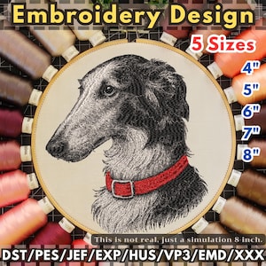 May include: An embroidery design featuring a detailed black and white illustration of a dog's head with a red collar. The design is in a wooden embroidery hoop, with text indicating 5 sizes from 4" to 8". The image includes spools of thread.