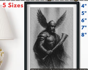 May include: Black and white embroidery design of a winged figure holding a horn, framed in black. The text "Embroidery Design" and "5 Sizes" are at the top. Sizes are listed as 4", 5", 6", 7", and 8". The text "This is not real, just a simulation 8-inch" is at the bottom.