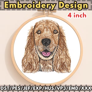 May include: An embroidery design featuring a detailed portrait of a Cocker Spaniel dog. The design is displayed in a 4-inch (10 cm) wooden embroidery hoop. The dog has brown fur, a black nose, and a pink tongue. The text "Embroidery Design" is at the top.