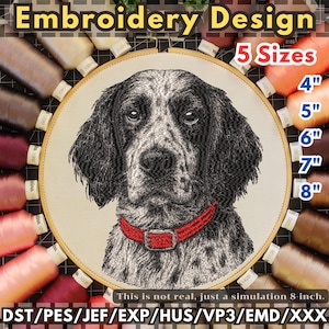 Pode incluir: Design de bordado de um cão preto e branco com coleira vermelha, exibido num bastidor de madeira. A imagem inclui texto indicando cinco opções de tamanho, variando de 10 cm a 20 cm. O texto também diz "Embroidery Design".