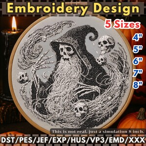 May include: An embroidery design of a skeletal wizard in a hooded cloak, with a long beard and skulls. The design is in a wooden hoop and available in 5 sizes, ranging from 10.16 cm to 20.32 cm.