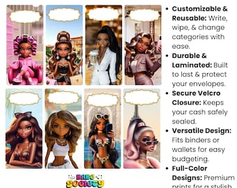 Doll Society Cash Stuffing Budget Envelopes A6-AI-Designed Dolls w/Affirmations-Erasable Custom Categories-Money Savings Challenge