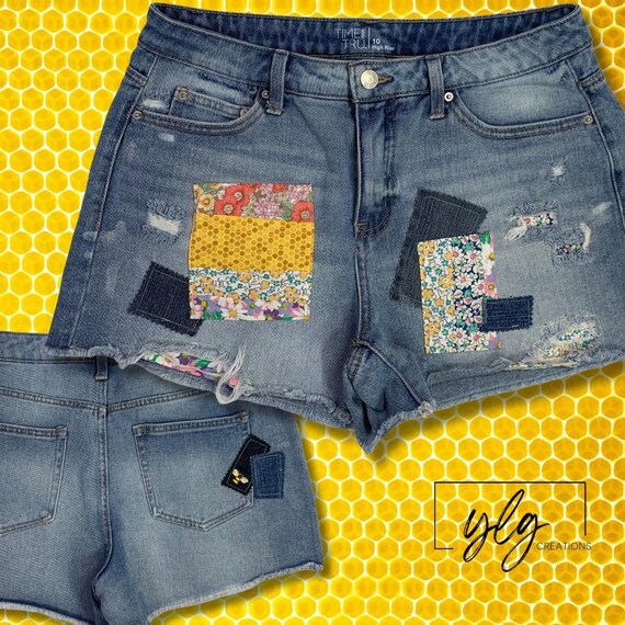 Womens Boho Jean Shorts Distressed Denim Patchwork Flowers Bees Time Tru 10