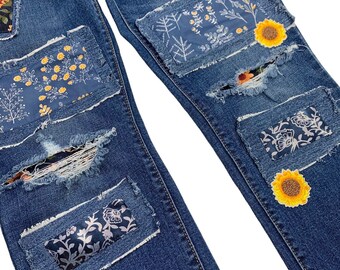 Patched Boho Jeans Refashioned Hippie Sunflower Floral Distressed Womens 6