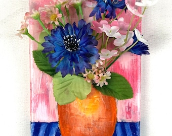 Floral Mixed Media Acrylic Painting Blue Pink Flowers Original Art Folkart Farmhouse