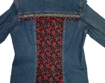 Boho Jean Jacket Hand Crafted Red Black Floral Beaded Chain Trim Large