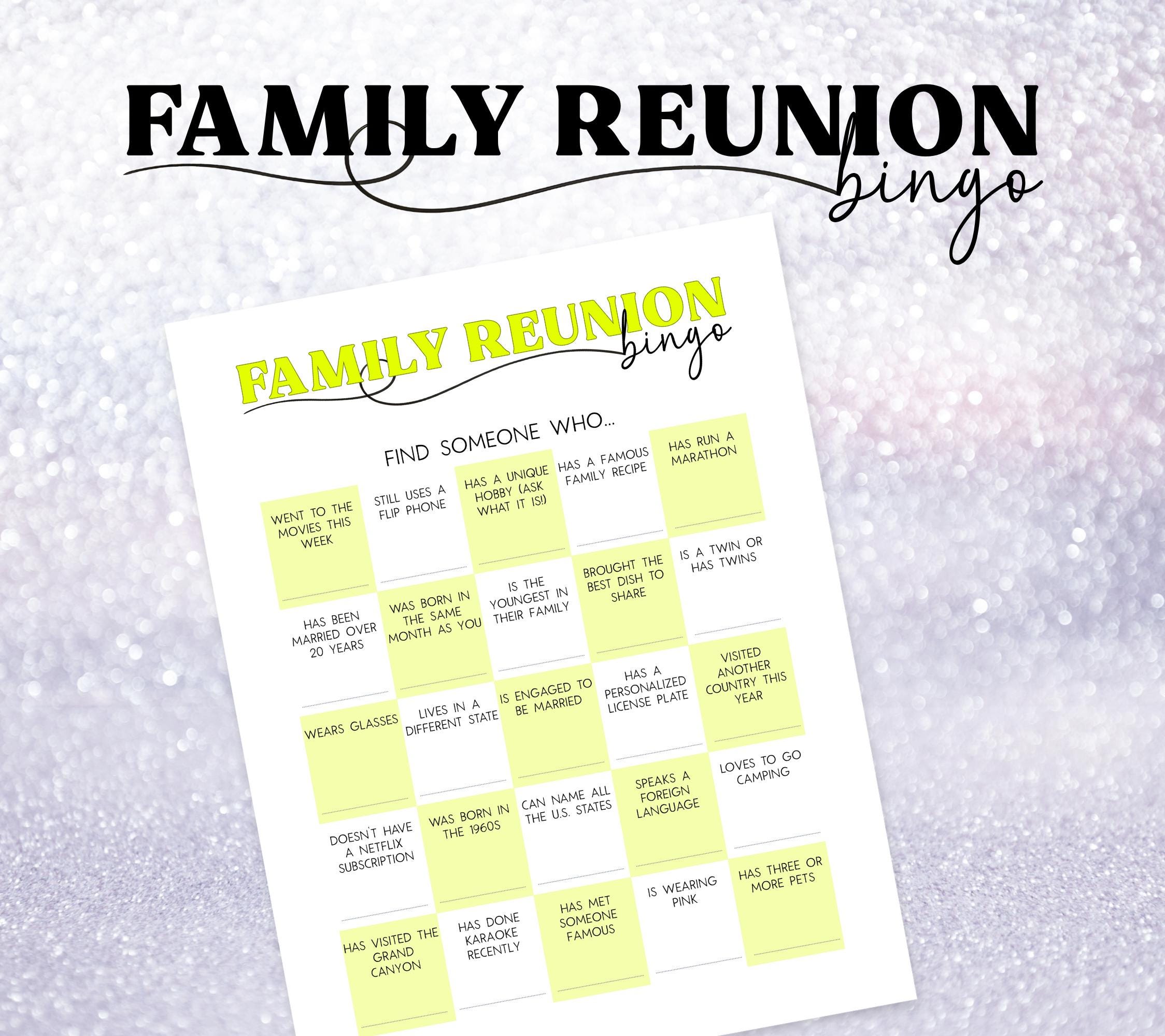 Family Reunion Bingo Printable Chartreuse - Find Someone Who Game for All Ages - Icebreaker Activity for Large Groups, Instant Download
