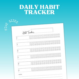 Könnte beinhalten: Ein druckbarer täglicher Gewohnheitstracker mit fünf Abschnitten zum Verfolgen von Gewohnheiten. Jeder Abschnitt hat einen leeren Platz für einen Gewohnheitsnamen und ein Raster mit 31 Quadraten für die tägliche Verfolgung. Der Tracker enthält auch einen Notizbereich am unteren Rand.