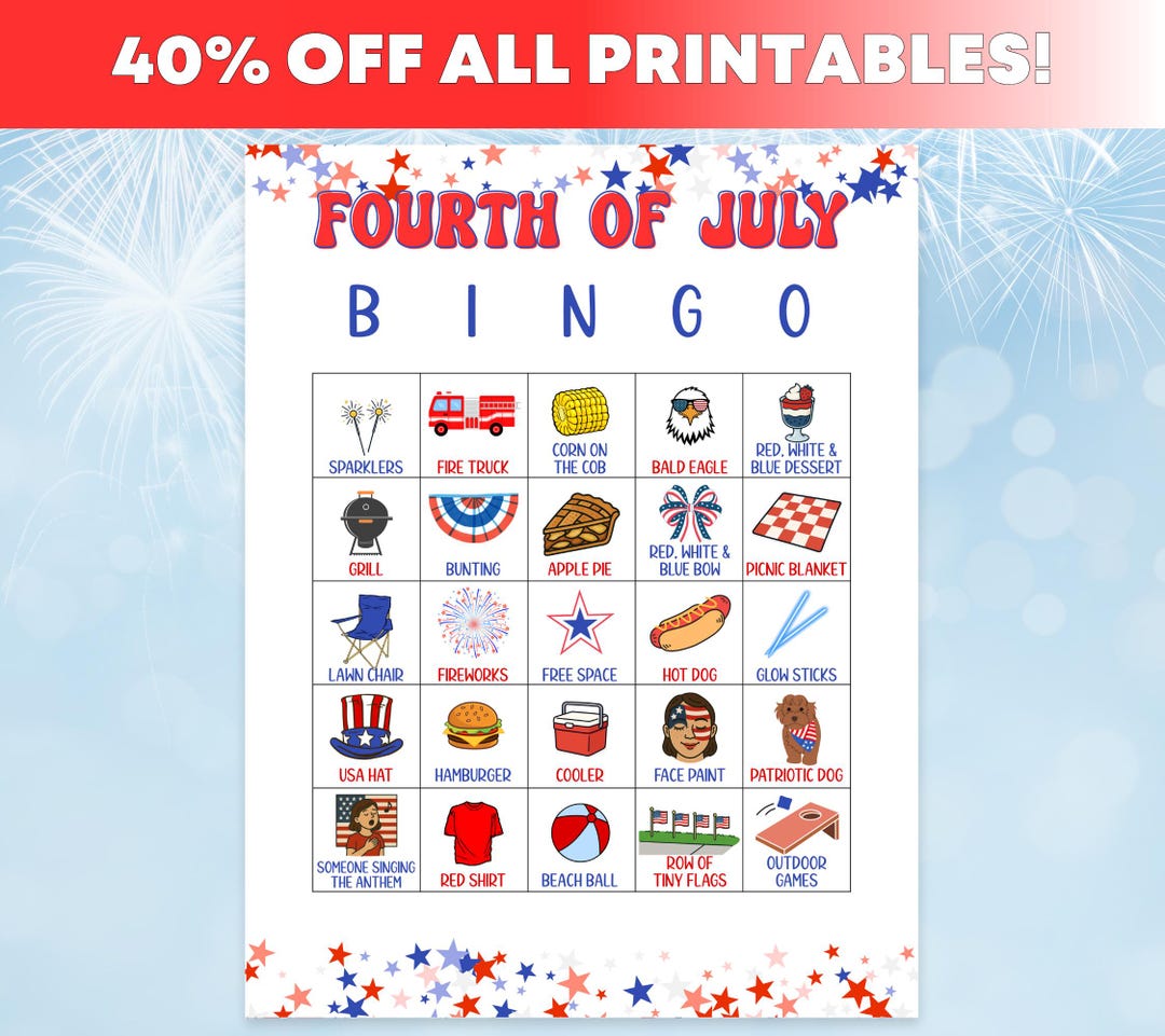 4th of July Bingo Game: Patriotic Party, 50 Unique Cards (instant ...