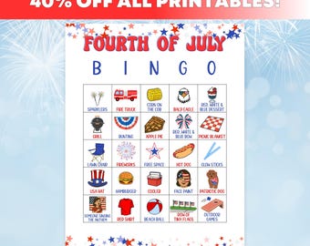 4th of July Bingo Printable – 50 Unique Cards Plus Calling Cards | Patriotic Independence Day Game for Kids and Adults | Instant Download