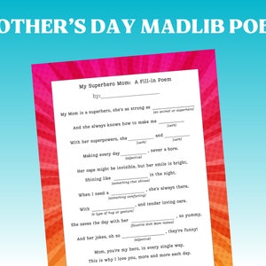 Madlib per la festa della mamma, poesia della mia mamma supereroina, poesia per la festa della mamma, perché amo la mamma, biglietto stampabile per la festa della mamma, attività per la festa della mamma