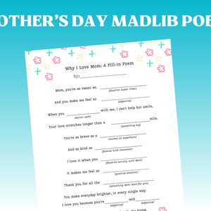 Madlib per la festa della mamma, Perché amo la mamma, Poesia per la festa della mamma, Perché amo la mamma, Biglietto stampabile per la festa della mamma, Attività per la festa della mamma