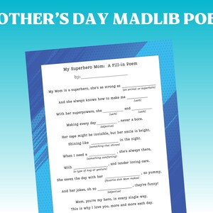 Madlib per la festa della mamma, poesia della mia mamma supereroina, poesia per la festa della mamma, perché amo la mamma, biglietto stampabile per la festa della mamma, attività per la festa della mamma