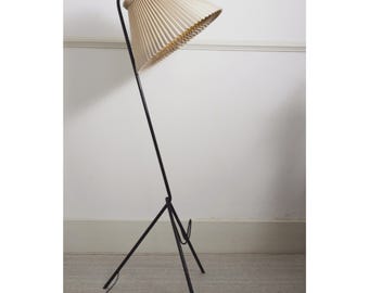 Vintage Le Klint Floor Lamp with Original Hand Folded Pleated Acrylic Shade, Danish Mid Century Modern Reading Lamp with Magazine Holder