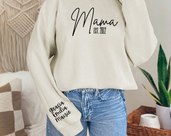 Custom Mama Sweatshirt with Est. Date and Children Names on Sleeve, Mama Sweatshirt, Minimalist Mama, Gift for Mom, Mom Est Sweatshirt