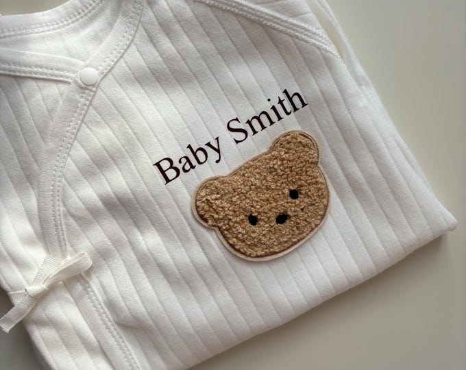 Personalised gender neutral unisex teddy bear baby grow hospital outfit baby shower gift new mum gift pregnancy announcement baby romper